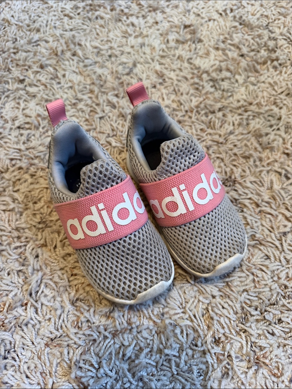 adidas Kids Gray Mesh Slip-On Sneakers with Pink Logo Strap